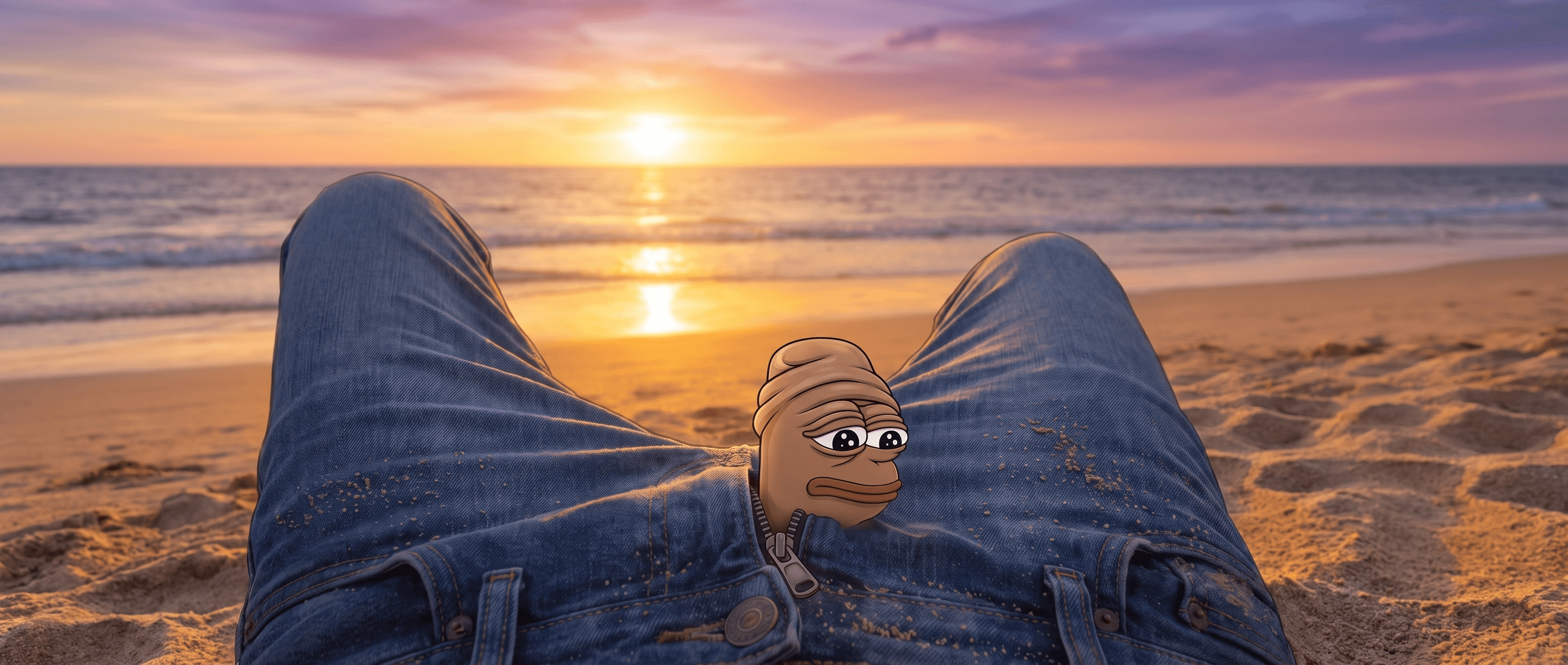 Penis Flap Pepe poking his head out through an unzipped opening on a beach at sunset