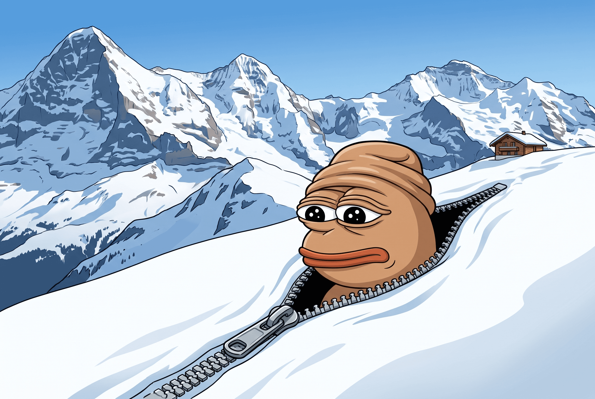 Penis Flap Pepe poking his head through an unzipped opening in the Swiss Alps