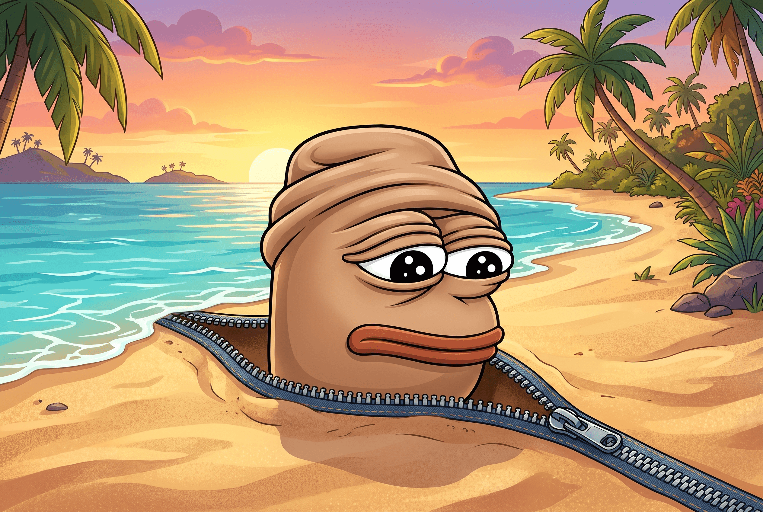 Penis Flap Pepe poking his head through an unzipped opening in the Tropical Beach