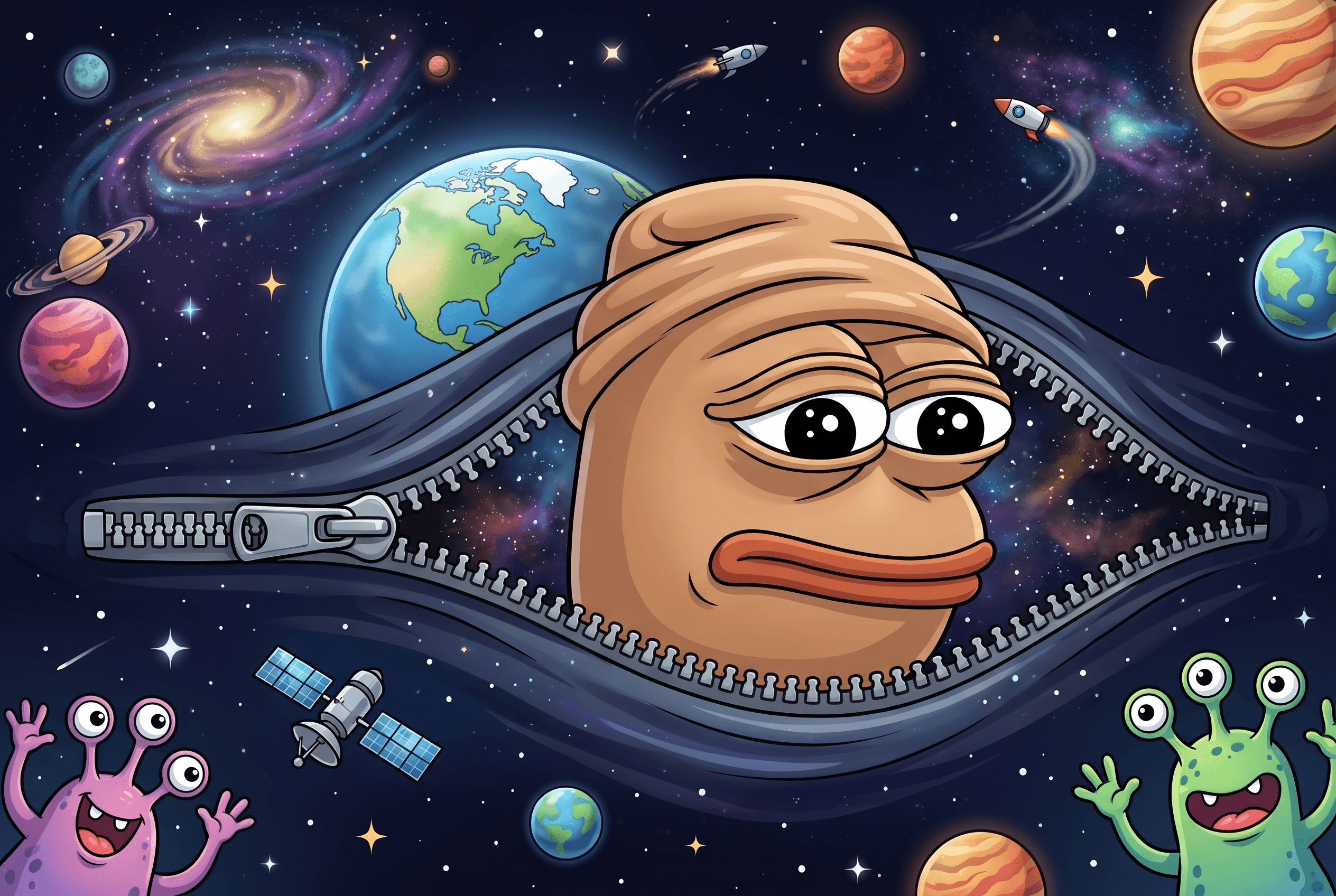 Penis Flap Pepe poking his head through an unzipped opening in the Outer Space
