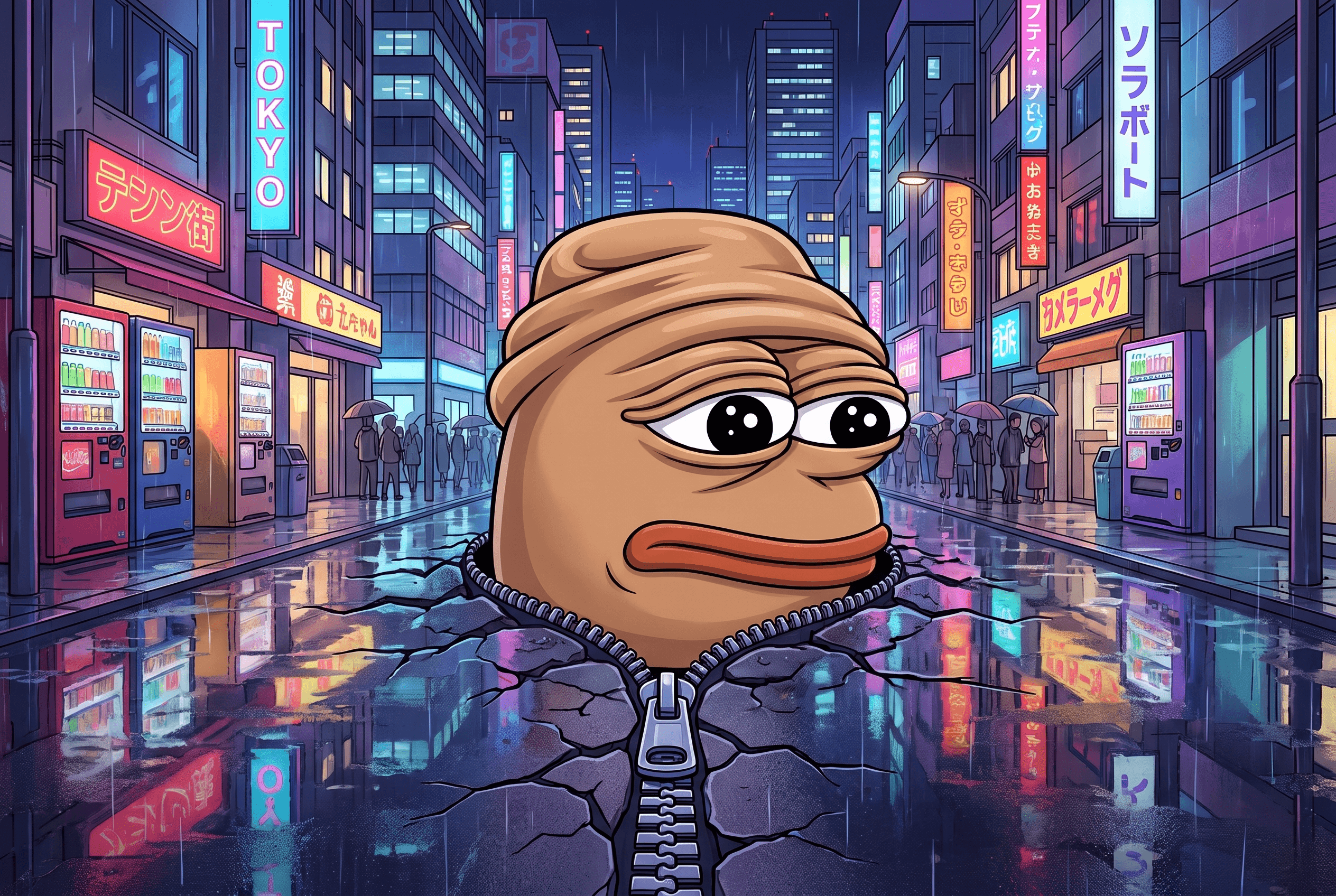 Penis Flap Pepe poking his head through an unzipped opening in the Tokyo, Midnight