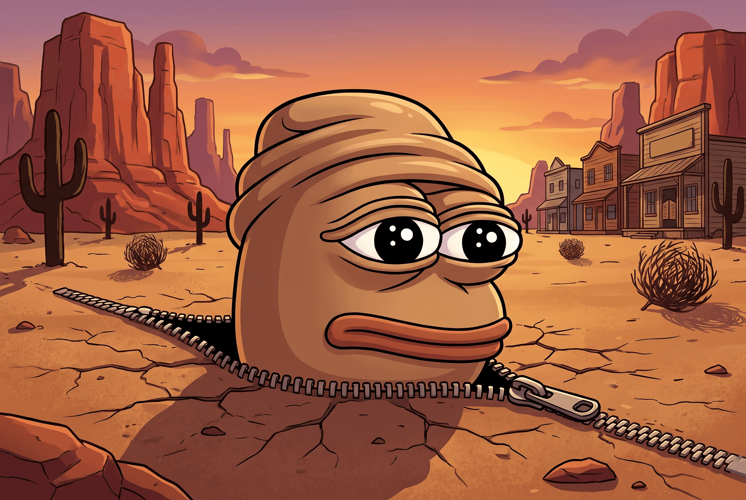 Penis Flap Pepe poking his head through an unzipped opening in the The Wild West